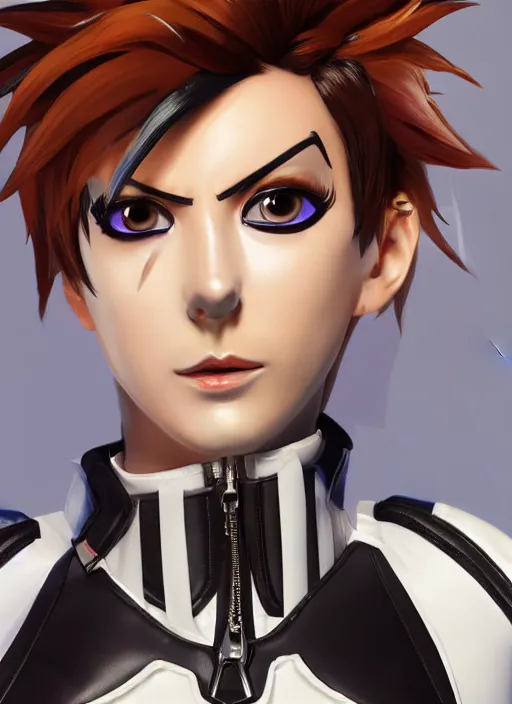 Image similar to portrait bust digital artwork of tracer overwatch, wearing white iridescent rainbow latex and leather straps catsuit outfit, 4 k, expressive happy smug expression, makeup, in style of mark arian, angel wings, wearing detailed black leather collar collar collar collar, chains, black leather harness, detailed face and eyes,