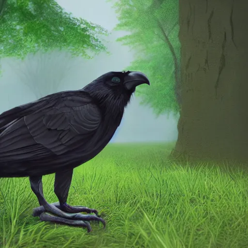 Prompt: a big friendly jungle crow in a park in a rainy day, digital painting, ultra detailed, unreal engine 5