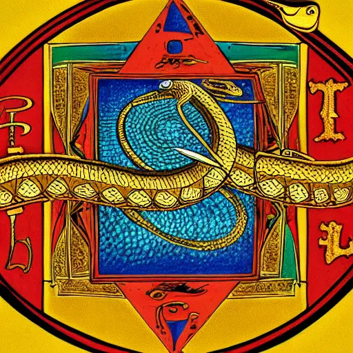 Image similar to a snake biting itself in the center of a tarot card with intricate details in the frames, symmetry, golden ratio, arab letters, colors: yellow, blue, violet, red, green, 4k, high quality render.