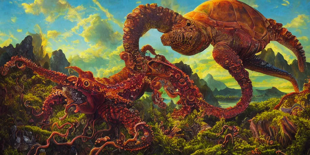 Image similar to fantasy oil painting, great leviathan, cybernetic turtle cephalopod terrapin reptilian pachyderm squid, bella hadid, hybrid, milla jovovich, anubis, epic natural light, lush plants flowers, spectacular mountains, bright clouds, luminous sky, outer worlds, golden hour, michael cheval, edward hopper, michael whelan, vray, hd