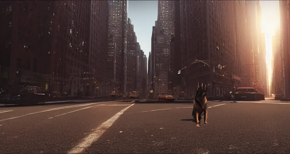 Prompt: the german shepherd of I am legend in new york, octane render, unreal engine, sundown, empty streets