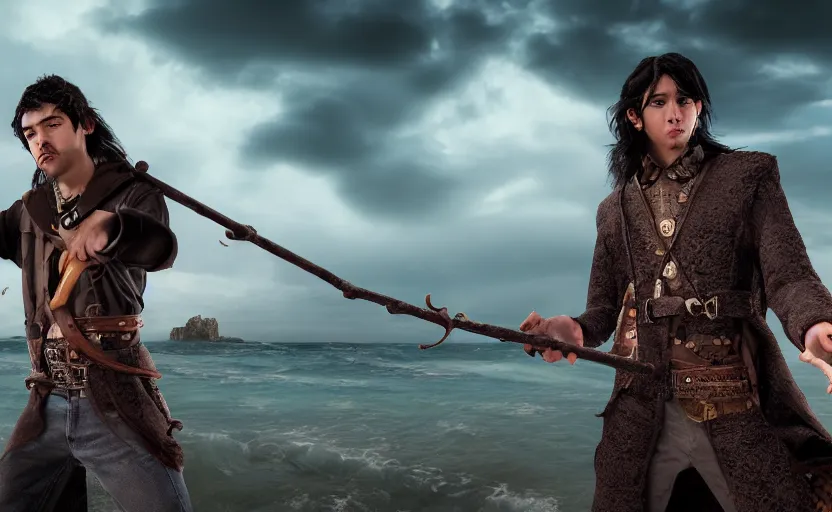 Prompt: photographic portrait of young adult male wizard from the waist up with black hair wearing a brown jerkin and bandolier and wielding an intricate wooden staff in front of a castle or stone structure or rock tower and turrets by the sea, photorealistic, dramatic lighting, intense clouds, sharp detail, hyper realistic, foggy atmosphere, intense facial expression, octane render, ocean waves crashing