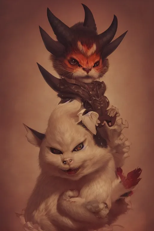 Image similar to a portrait of a cute japanese devil animal illustrated by miyazaki by karol bak, james jean, tom bagshaw, rococo, sharp focus, trending on artstation, cinematic lighting, hyper realism, octane render, 8 k, hyper detailed, vivid, ultra detailed, highly detailed