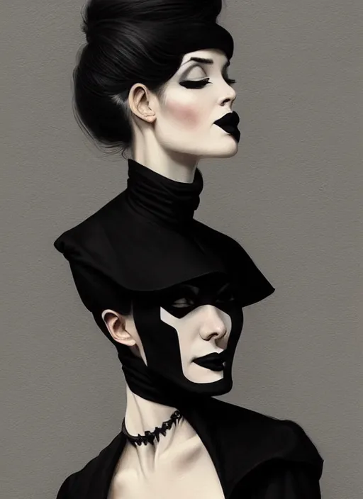 Image similar to portrait of a woman with a crooked nose and a confident expression, 1 9 6 0 s, black clothes, goth, punk, funk, intricate, elegant, highly detailed, digital painting, artstation, concept art, smooth, sharp focus, illustration, art by wlop, mars ravelo and greg rutkowski