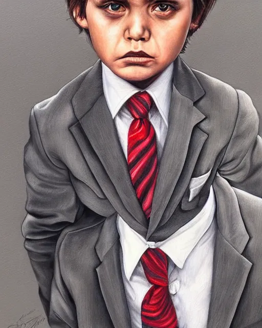 Image similar to portrait of a 7 year old child boss, gritty, serious, wearing a suit and a tie, very detailed eyes, hyperrealistic, beautiful, very detailed painting by Glenn Fabry, by Joao Ruas, by Artgerm