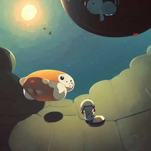 Image similar to baby harp seals astronauts attacking octupus aliens on an asteroid, atey ghailan, goro fujita, studio ghibli, rim light, sharp lighting, clear focus, very coherent,