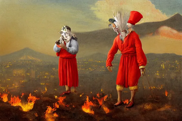 Prompt: a highly detailed pulcinella!!! from naples with pizza!! in the foreground, volcano in the background with smoke, blazing fire and glowing lava, full body, wide angle, an ultrafine detailed painting by odd nerdrum, post - apocalyptic vibe, trending on deviantart, whimsical, lowbrow, coherent, sharp focus, octane, masterpiece