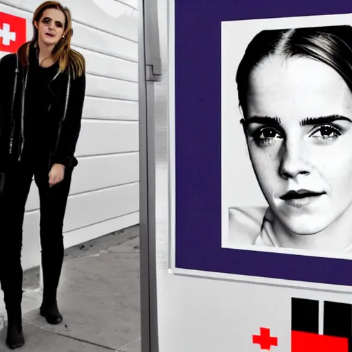 Prompt: a sign that bans emma watson pictures red cross not allowed public health poster