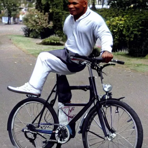 Prompt: mike tyson riding very very small bike