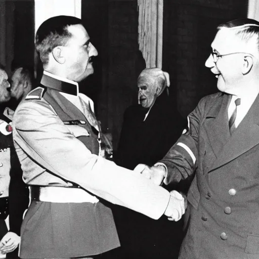 Prompt: Obama shakes hands with Adolf Hitler secret general, Real Event, Historical Event, Realistic,