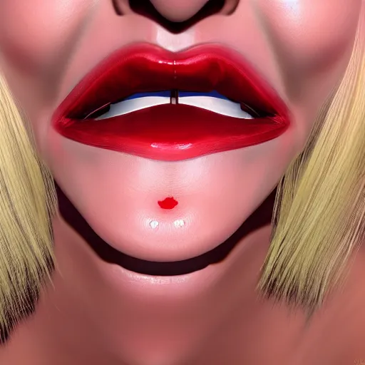 Image similar to a 3 d render of a lusty blonde woman with lucious red lips opening her mouth and sticking out her tongue ue 4 photorealism artstation