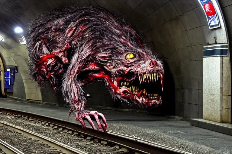 Image similar to very large giant mutant zombie irradiated ( angry rat ) staying on railways in tonnel of moscow subway. tonnel, railways, giant angry rat, furr, fangs, very realistic. extreme long shot, rusty colors, anish kapoor, ( herman nitsch, giger ).