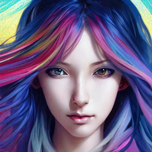 Image similar to portrait of beautiful symmetrical anime girl, rainbow hair, attractive, casual, modern, victoria's secret, highly detailed, digital painting, artstation, concept art, smooth, sharp focus, illustration, art by artgerm, greg rutkowski and alphonse mucha, 8 k,