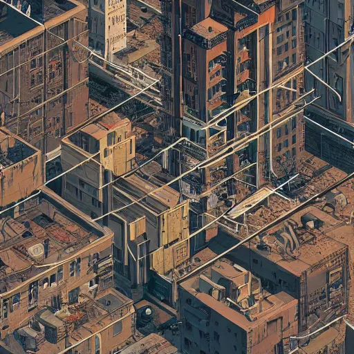 Image similar to Post-apocalyptic Cybercity. Aerial view. Isometric. detailed textured illustration by Moebius and Marc Simonetti. cluttered building apartments, electrical wires madness, grainy textures Vray, Depth of field