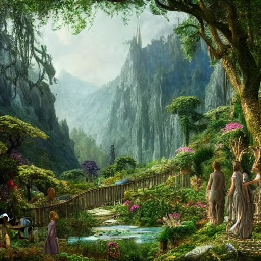 Prompt: a beautiful and highly detailed matte painting of an elven garden palace in a breath taking forest in a deep valley in the beautiful mountains of avalon, intricate details, epic scale, insanely complex, 8 k, sharp focus, hyperrealism, very realistic, by caspar friedrich, albert bierstadt, james gurney, brian froud,