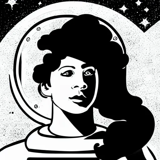 Prompt: clean simple line art of a woman with long curly hair floating in space. she is an astronaut, wearing a space suit. white background. well composed, clean black and white line drawing, beautiful detailed face. illustration by charlie adlard