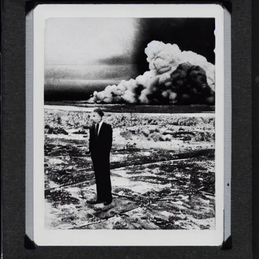 Image similar to Vladimir putin looking at an atomic bomb explosion. polaroid. bleak.