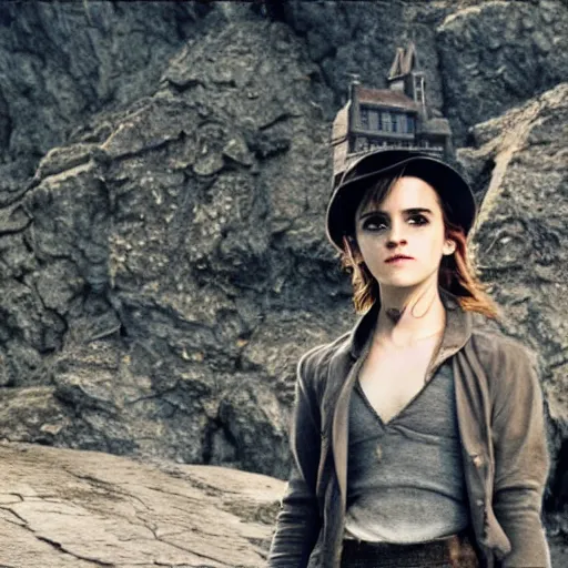 Prompt: Photo of Emma Watson on top of a tank in Hogwarts, establishing shot