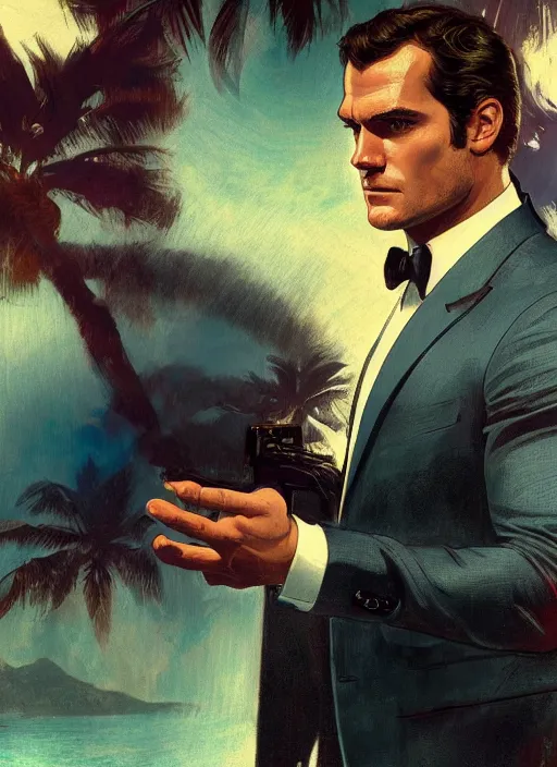 Prompt: portrait of henry cavill as james bond, casino, key art, sprinting, palm trees, woman in background, highly detailed, digital painting, artstation, concept art, cinematic lighting, sharp focus, illustration, by gaston bussiere alphonse mucha