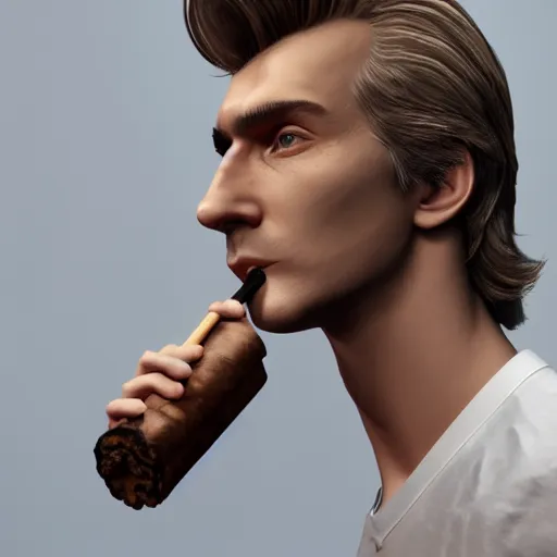 Image similar to a closeup photo of handsome gigachad xqc smoking a cigar, 8k photorealism, extremly detailed, trending on artstation