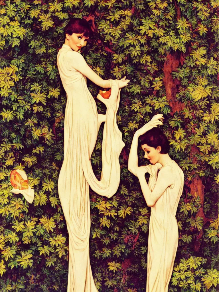 Image similar to Audrey Hepburn in Breakfast at Tiffany's by Maxfield Parrish, Art Nouveau