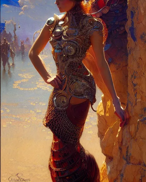 Image similar to an attractive model wearing a futuristic dress surrounded by intricate geometric patterns. highly detailed painting by gaston bussiere, craig mullins, j. c. leyendecker 8 k