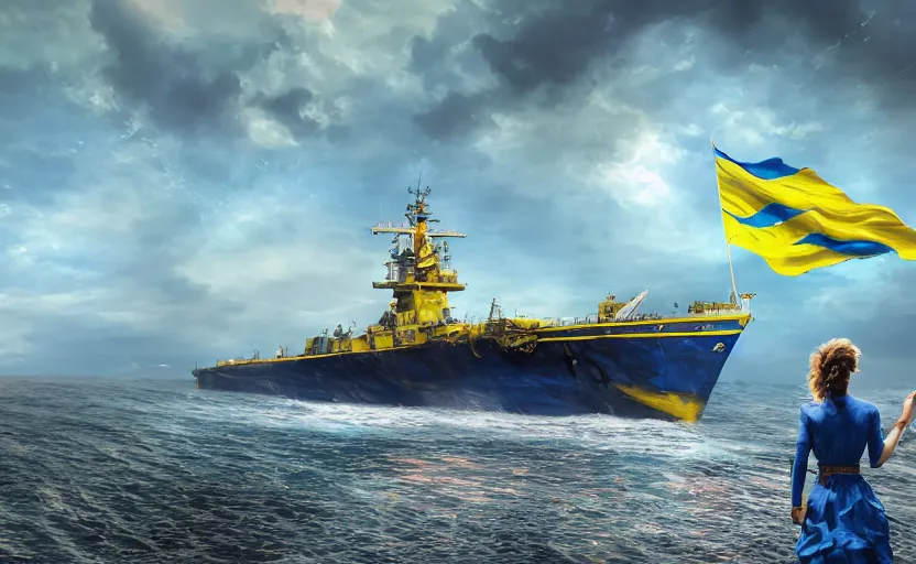 Image similar to cinematic shot from behind of a beautiful girl in national blue and yellow dress with beautiful hair standing against and facing a huge realistic detailed Russian warship on the horizon. She is ready to fight. Ukrainian flag on the left side, concept art, сinematic lighting, insanely detailed, smooth, sharp focus, Artstation, 8k, unreal engine, hyper realistic, steampunk style, bright background, moonlight, volumetric lighting, wallpaper, digital illustration by Ruan Jia and Mandy Jurgens and Artgerm and Wayne Barlowe and Greg Rutkowski and Zdislav Beksinski