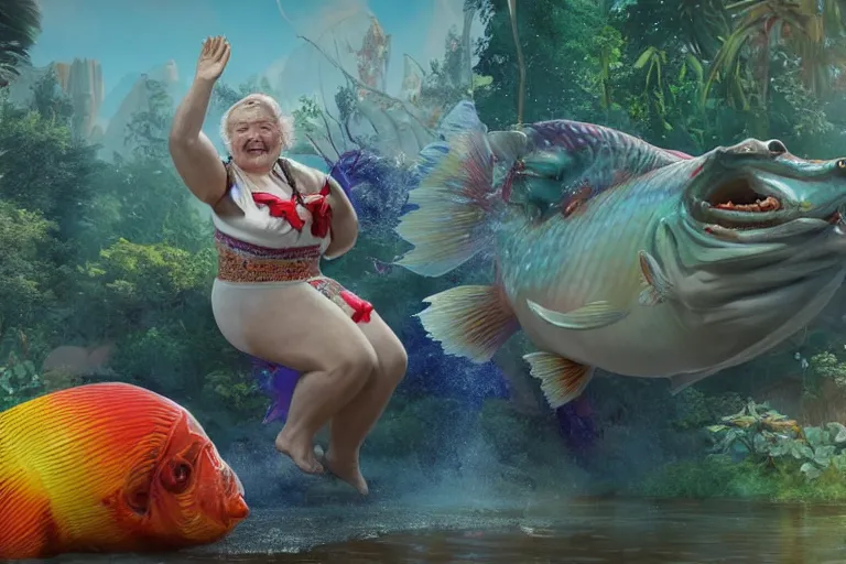 Image similar to of a very beautiful scene. ambient occlusion render. a sweet fat old woman is dancing with a huge colorful fish. hyper realistic. 4 k. wide angle. wild happiness. symmetrical face, red mouth, blue eyes. deep focus, lovely scene. ambient occlusion render. concept art. artstation. unreal engine.