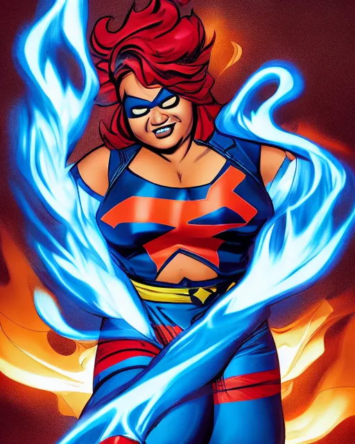 Prompt: thick chubby filipina pyrokinetic, superhero, sly grin, fully clothed, exaggerated perspective, beautiful detailed face, bright blue hair, action pose, comic book style, highly detailed, dynamic shadows, dynamic lighting, geoff johns, jason fabok, jason fabok, brad anderson, splash art