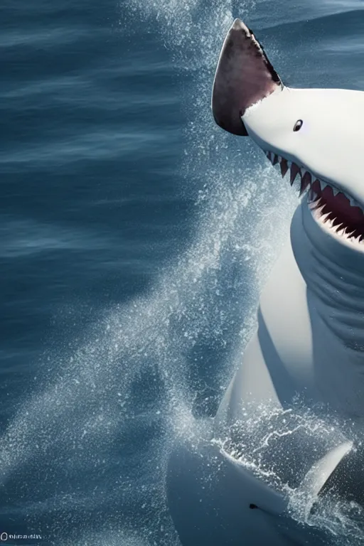 Image similar to huge white shark attacking a boat, scary cinematic scene, photorealistic. octane render