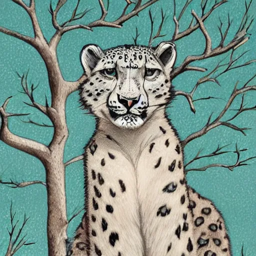 Image similar to anthropomorphic!!!!! snow leopard leaning against a tree with a bow, trending on artstation, fantasy, hyperrealistic, detailed, intricate, full of colour