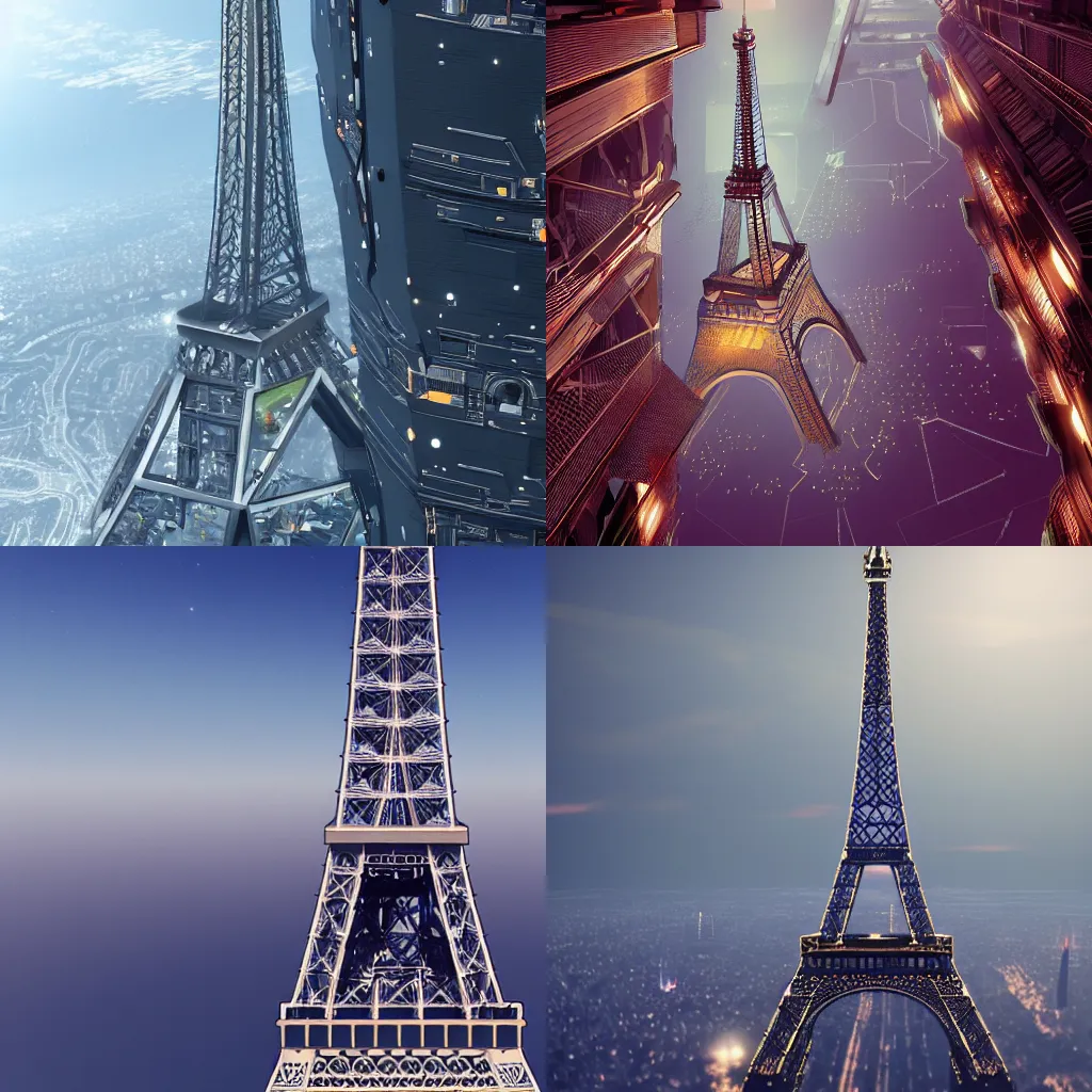 Prompt: The Eiffel Tower as a cybernetic space elevator, artstation, cgsociety, 8k