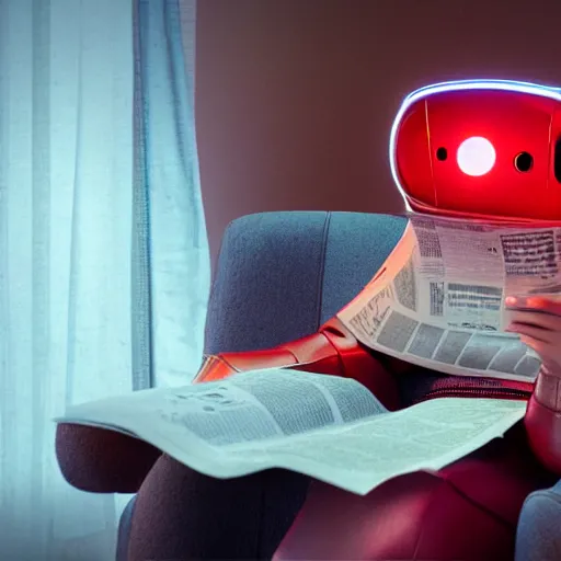 Image similar to futuristic super cute lonely matte brown and red full-body humanoid robot with two huge round expressive sad purple glowing LED eyes and open rectangular mouth sitting on a large comfortable cushioned 1950s vintage recliner reading a newspaper. open newspaper. Cinematic Movie Photograph, Arri Alexa, Extremely Detailed, smooth, very very clean, 8K, octane render, maya render, unreal engine, trending on artstation, DSLR, excellent composition, center frame