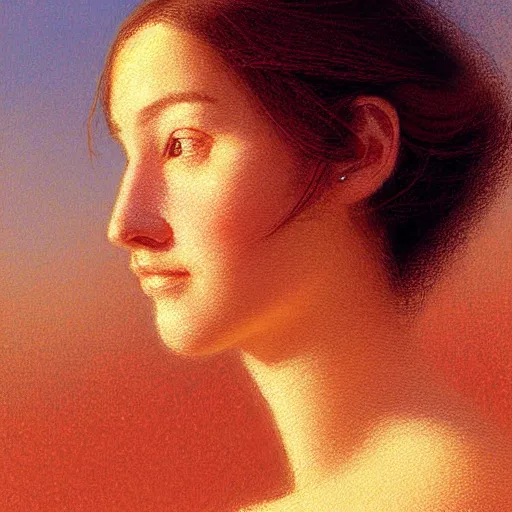 Prompt: Facial portrait of a cute shy woman, looking away from the camera, slight awkward smile, lips slightly parted, no hands visible,, intricate, extremely detailed painting by Jean Giraud and by Henry Justice Ford and by Greg Rutkowski, golden hour
