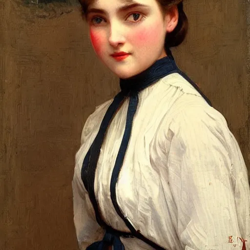 Image similar to maid uniform, symmetric beautiful face, orientalism portrait of a cute young woman with twin tails by Edwin Longsden Long and Theodore Ralli and Nasreddine Dinet and Adam Styk masterful intricate artwork