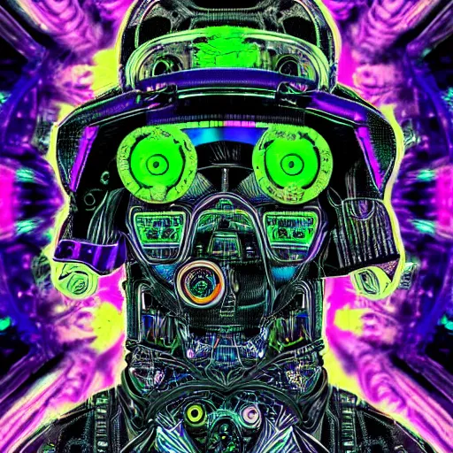 Prompt: mockup of a black tshirt with a hyperdetailed portrait of a steampunk robot on lsd, 8 k, symetrical, flourescent colors, trippy mood, multicolored,