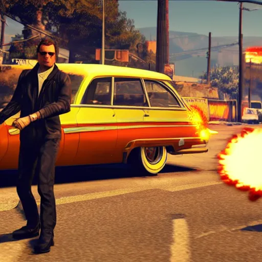 Prompt: extremely cool looking quentin tarantino in the game'gta v ', in the background an exploding car. unreal engine 4 render 4 k