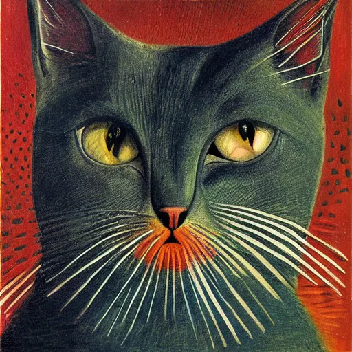 Image similar to very detailed and attractive portrait of a schizophrenic cat, painted by max ernst