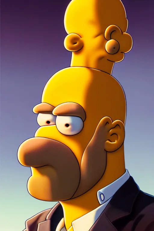 Image similar to clear portrait of homer from the simpsons, cottagecore!!, mafia background hyper detailed, character concept, full body, dynamic pose, intricate, criminal appearance, highly detailed, digital painting, artstation, concept art, smooth, sharp focus, illustration, art by artgerm and greg rutkowski and alphonse mucha