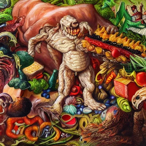 Image similar to a high detailed painting of a monster made of meat, chicken and junk food fighting with a monster made of vegetables and fruits, surrealism, magic realism bizarre art