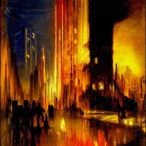 Image similar to cyberpunk city at night with silhouette figure in foreground. Turner painting 1910