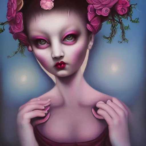 Image similar to a painting in the style of mark ryden and in the style of natalie shau and in the style of irakli nadar.