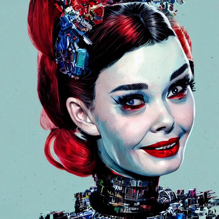 Image similar to portrait of Audrey Hepburn as a harley quinn. intricate abstract. intricate artwork. by Tooth Wu, wlop, beeple, dan mumford. octane render, trending on artstation, greg rutkowski very coherent symmetrical artwork. cinematic, hyper realism, high detail, octane render, 8k, iridescent accents