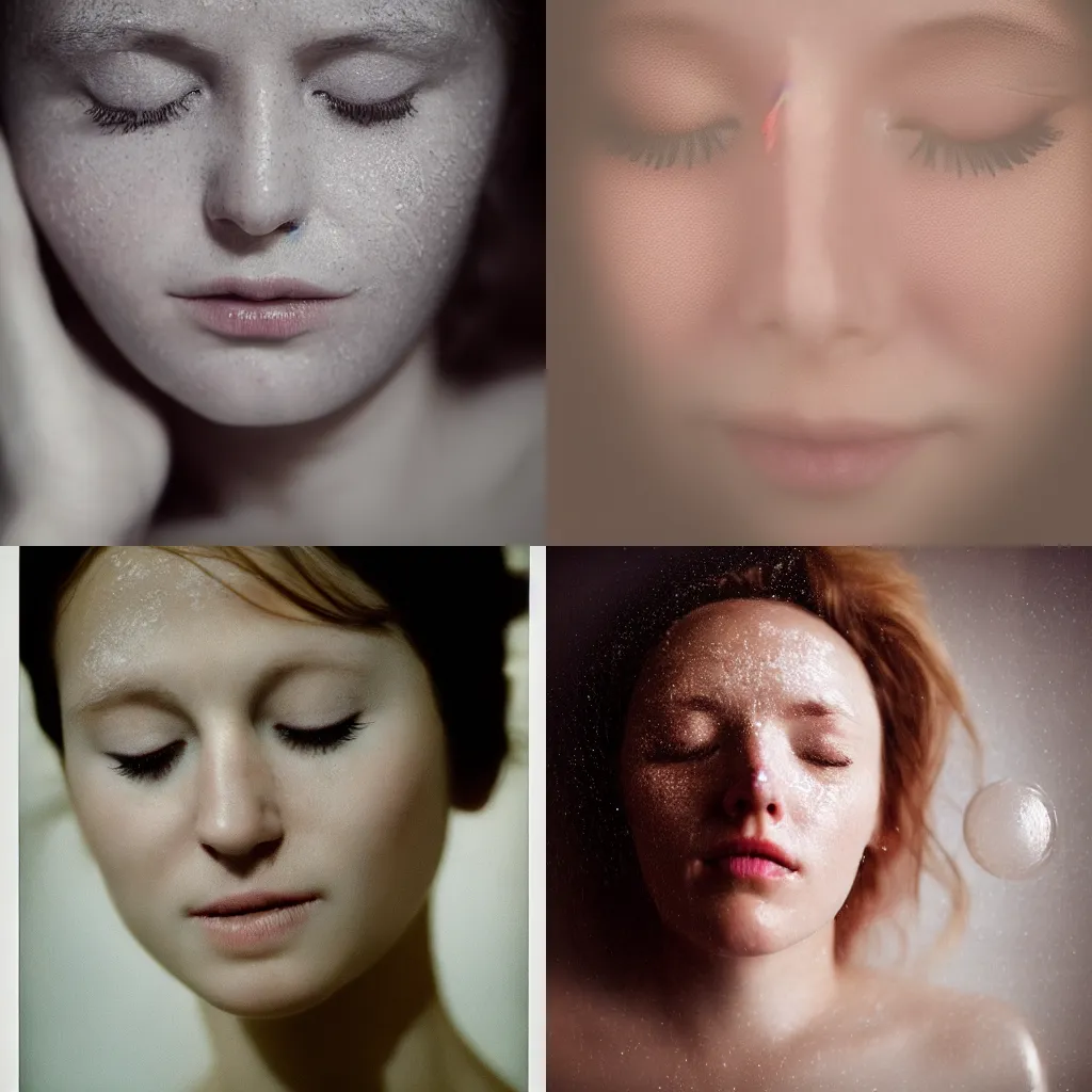 Prompt: portrait photography of a woman's face floating in translucent opaque milkbath by mark owen. closed eyes. kodak. hq. ethereal.