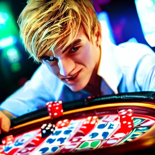 Image similar to film still of xqc gambling in Vegas, 4k, photorealism, artstation style