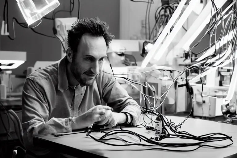 Prompt: handsome man building a futuristic artificial Ai glass led brain wires and cables and circuitry laboratory natural lighting by Emmanuel Lubezki