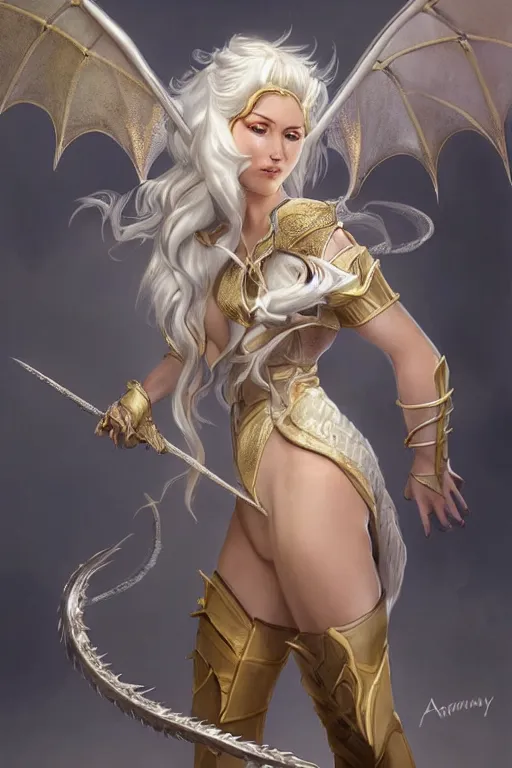 Prompt: Full body Picture of a female Dragon Tamer, fantasy inspired, shortbow, ivory skin, White hair, long messy hair, platinum attire, armor and robes, battle, detailed face features, light glowy yellow eyes, dragon hatchlings around, mountain background, D&D, chiaroscuro, by artgerm and Craig Mullins, James Jean, Andrey Ryabovichev, Mark Simonetti and Peter Morbacher, matte painting, trending on artstation, artstationHD, artstationHQ, octane, full HD, 16K, alluring