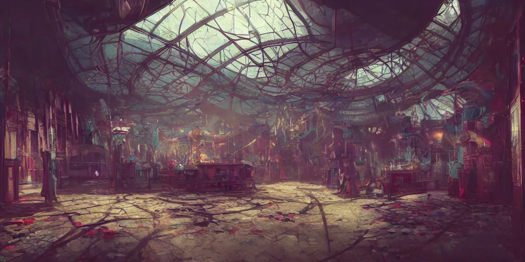 Image similar to abandoned amusement park interior design, Greg Rutkowski, Zabrocki, Karlkka, Jayison Devadas, Phuoc Quan, trending on Artstation, 8K, ultra wide angle, pincushion lens effect.