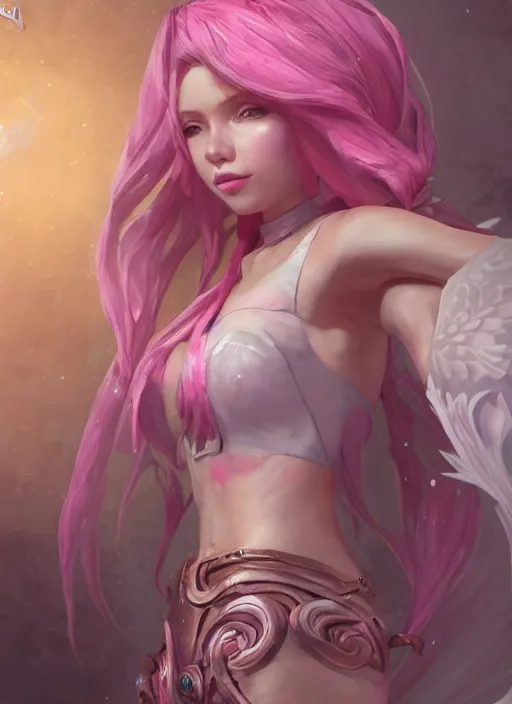 Image similar to seraphine, from league of legends, pink hair, hyper detailed, digital art, trending in artstation, cinematic lighting, studio quality, smooth render, unreal engine 5 rendered, octane rendered, art style by klimt and nixeu and ian sprigger and wlop and krenz cushart