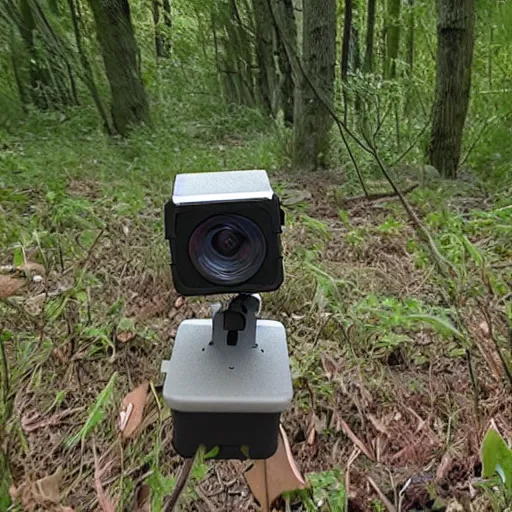 Prompt: cuboid dog trail cam footage